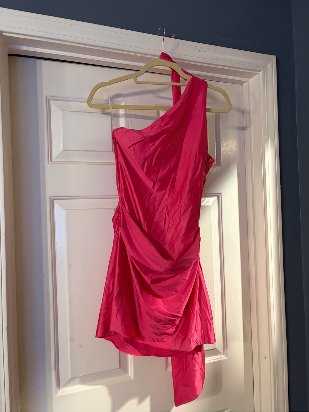 Oh Polly Hot Pink One-Shoulder Mini Dress with Draped Neck Tie - Picture 3 of 6